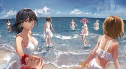 Rule 34 | 6+girls, :d, ahoge, amagiri (kancolle), asymmetrical bangs, ayanami (kancolle), bare shoulders, bikini, black hair, blue sky, blush, breasts, brown eyes, brown hair, cloud, day, dress, glasses, grey hair, had (had314), hair between eyes, hair bobbles, hair ornament, hair ribbon, hairband, holding hands, kantai collection, long hair, looking at viewer, medium breasts, multiple girls, oboro (kancolle), open mouth, orange hair, outdoors, parted lips, pink hair, ponytail, pov, purple eyes, ribbon, sagiri (kancolle), sazanami (kancolle), scrunchie, shikinami (kancolle), short hair, side ponytail, sky, small breasts, smile, strapless, strapless dress, swept bangs, swimsuit, twintails, ushio (kancolle), very long hair, wading, white bikini, white dress, wrist scrunchie
