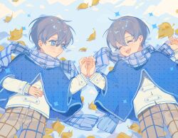 Rule 34 | 2boys, ^ ^, autumn leaves, blue cloak, blue eyes, blue scarf, blush stickers, brown pants, buttons, ciel phantomhive, cloak, clone, closed eyes, closed mouth, colored eyelashes, commentary, english commentary, fingernails, grey hair, hand on hand, hand on own stomach, highres, kuroshitsuji, layered sleeves, long sleeves, looking at another, lying, male focus, multiple boys, on back, open mouth, outdoors, pants, plaid, plaid pants, plaid scarf, polka dot, polka dot cloak, poncho, scarf, shirt, siblings, smile, snow, sparkle, spoilers, teeth, textless version, twins, upper teeth only, white shirt, white sleeves, yeshisi