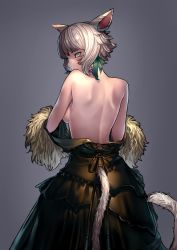 Rule 34 | 1girl, absurdres, animal ears, back, back focus, bare back, black dress, blue eyes, blush, breasts, cat ears, cat girl, cat tail, clothes pull, dark-skinned female, dark skin, dress, dress pull, facial mark, feather hair ornament, feathers, final fantasy, final fantasy xiv, from behind, grey background, hair ornament, highres, hyuu (sing-dog), looking at viewer, looking back, medium breasts, miqo&#039;te, short hair, sideboob, solo, tail, topless, white eyes, white hair, y&#039;shtola rhul