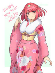 Rule 34 | 1girl, 2024, bob cut, brown eyes, closed mouth, commentary, english commentary, happy new year, highres, japanese clothes, kimono, medium hair, new year, pink kimono, print kimono, pyra (xenoblade), red hair, simple background, smile, star (symbol), star in eye, symbol in eye, tiara, white background, xenoblade chronicles (series), xenoblade chronicles 2, yaizaberry