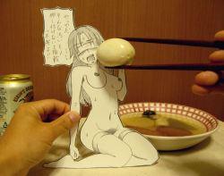 Rule 34 | 1girl, alcohol, armpit hair, bad id, bad pixiv id, beer, blindfold, blush, breasts, can, chopsticks, egg, feeding, food, food on face, force-feeding, indoors, kneeling, long hair, male hand, medium breasts, monochrome, navel, nipples, nude, oden, open mouth, paper child, papercraft (medium), photo (medium), pubic hair, restrained, sasaki yukinojou, sexually suggestive, size difference, solo focus, soup, sweat, thighhighs, translated, unconventional media