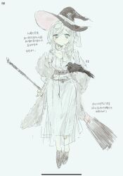 Rule 34 | 1girl, bird, blue eyes, blush, broom, closed mouth, coat, crow, dress, faust (project moon), full body, hat, highres, holding, holding broom, limbus company, meijiichigo, project moon, short hair, simple background, sketch, solo, white background, white coat, white dress, white hair, witch hat