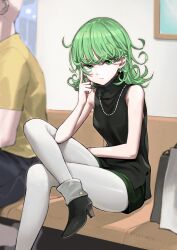 Rule 34 | 1boy, 1girl, alternate costume, bag, black footwear, black shirt, breasts, casual, closed mouth, commentary, crossed legs, curly hair, earrings, expressionless, foot out of frame, green eyes, green hair, green shorts, grey pantyhose, hand on own face, high heels, highres, indoors, jewelry, jun (navigavi), looking at viewer, necklace, one-punch man, pantyhose, pantyhose under shorts, picture frame, saitama (one-punch man), shirt, shopping bag, short hair, short shorts, shorts, sitting, sleeveless, sleeveless shirt, small breasts, solo focus, tatsumaki, turtleneck
