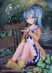 Rule 34 | 1girl, bench, blue eyes, blue hair, blush, boots, choker, collarbone, company name, copyright name, flower, green ribbon, hair ribbon, hydrangea, leaf umbrella, long hair, looking at viewer, ponytail, qurare magic library, rain, ribbon, rubber boots, short sleeves, sitting, snow is, solo, water drop, yellow footwear