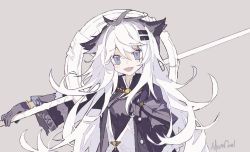 Rule 34 | 1girl, :d, animal ears, arknights, black gloves, black jacket, gloves, grey background, grey eyes, hair ornament, hairclip, highres, jacket, lappland (arknights), long hair, long sleeves, looking at viewer, melanbread, open mouth, scar, scar across eye, scar on face, signature, simple background, smile, solo, upper body, white hair, wolf ears