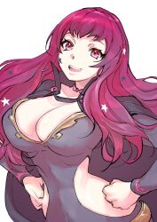 Rule 34 | 1girl, :d, belt, black cape, bodysuit, breasts, cape, chest strap, choker, cleavage, clothing cutout, facial mark, fire emblem, fire emblem engage, gold belt, grey bodysuit, hair ornament, hands on own hips, high collar, highres, large breasts, long hair, looking at viewer, nintendo, open mouth, pink choker, pink eyes, pink hair, pink pupils, side cutout, simple background, smile, solo, star (symbol), star facial mark, star hair ornament, teeth, ug333333, upper teeth only, white background, yunaka (fire emblem)