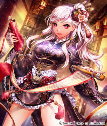 Rule 34 | 1girl, black dress, character request, copyright name, dress, esphy, frills, gate of dimension, japanese clothes, kimono, long hair, long sleeves, looking at viewer, open mouth, red eyes, scroll, smile, solo, standing, white hair