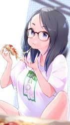 Rule 34 | 1girl, adidas, animification, black hair, blue eyes, breasts, cheese trail, eating, food, glasses, highres, holding, holding food, kson, kson (person), large breasts, looking down, medium hair, open hand, pizza, print shirt, real life, rex (toy story), shirt, solo, t-shirt, toy story, virtual youtuber, vshojo, yuyaiyaui