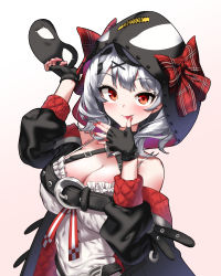 Rule 34 | 1girl, absurdres, animal hood, arm strap, asymmetrical hair, belt, black belt, black gloves, black hair, black jacket, blush, bow, braid, breasts, camisole, cleavage, closed mouth, commentary, eye mask, fingerless gloves, french braid, frilled camisole, frills, gloves, gradient background, hair ornament, highres, holding, holding mask, hololive, hood, hood up, jacket, large breasts, licking, licking finger, looking at viewer, mask, unworn mask, medium hair, multicolored hair, nail polish, off shoulder, orca hood, pink background, plaid, plaid bow, red bow, red eyes, red nails, sakamata chloe, sakamata chloe (1st costume), silver hair, simple background, single braid, smile, solo, spaghetti strap, streaked hair, tongue, tongue out, two-sided fabric, two-sided jacket, two-tone hair, upper body, virtual youtuber, white camisole, x hair ornament, ybee