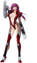 Rule 34 | 00s, 1girl, armor, blunt bangs, bodysuit, breasts, breasts apart, center opening, claws, collarbone, covered erect nipples, dual wielding, evil grin, evil smile, female focus, fishnets, full body, game cg, gloves, grin, groin, head tilt, high collar, high heels, highleg, holding, kagami hirotaka, large breasts, legs, leotard, lilith-soft, lips, lipstick, long hair, long legs, looking at viewer, makeup, midriff, naughty face, navel, oboro (taimanin asagi), official art, parted lips, ponytail, purple eyes, purple hair, red eyes, red leotard, shiny clothes, shiny skin, shoes, shoulder pads, smile, solo, standing, taimanin (series), taimanin asagi, taimanin asagi 3, thighs, transparent background, weapon