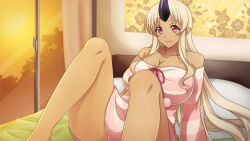 Rule 34 | 1girl, artist request, bare shoulders, blonde hair, breasts, cleavage, dark-skinned female, dark skin, dress, game cg, horns, huge breasts, indoors, long hair, looking at viewer, monster musume no iru nichijou, monster musume no iru nichijou online, off-shoulder sweater, off shoulder, official art, on bed, pink sweater, pointy ears, red eyes, single horn, sitting, solo, striped clothes, striped sweater, sweater, sweater dress, tionishia