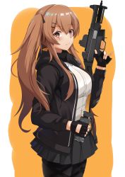 Rule 34 | 1girl, :3, absurdres, black gloves, black jacket, black pantyhose, black skirt, blush, breasts, brown eyes, closed mouth, commentary, cowboy shot, fingerless gloves, girls&#039; frontline, gloves, gun, h&amp;k ump, hair ornament, hairclip, highres, holding, holding gun, holding weapon, hood, hooded jacket, jacket, large breasts, long hair, long sleeves, looking at viewer, looking to the side, miniskirt, open clothes, open jacket, orange background, pantyhose, pleated skirt, pouch, shirt, sidelocks, skirt, smile, solo, submachine gun, trigger discipline, twintails, two-tone background, ump9 (girls&#039; frontline), wang22255, weapon, white shirt