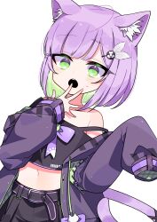 Rule 34 | 1girl, :o, absurdres, animal ear fluff, animal ears, bare shoulders, belt, black shirt, cat ears, cat girl, cat tail, colored inner hair, commission, crop top, cropped shirt, green eyes, green hair, hand to own mouth, highres, indie virtual youtuber, jacket, kagawa (kgwrikkai64), long sleeves, multicolored hair, navel, off shoulder, open clothes, open jacket, purple hair, purple jacket, second-party source, shirt, short hair, shwaa, simple background, skeb commission, sleeves past fingers, sleeves past wrists, surprised, sweatdrop, tail, two-tone hair, virtual youtuber, white background