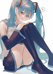 Rule 34 | 1girl, ?, absurdres, black footwear, black skirt, black sleeves, blouse, blue eyes, blue hair, blue nails, blue necktie, boots, collared shirt, detached sleeves, frilled shirt, frills, hair between eyes, hair ornament, hair over shoulder, hands on own knees, hatsune miku, highres, long hair, long sleeves, miniskirt, mshita 70, nail polish, necktie, open mouth, panties, pantyshot, pleated skirt, shirt, simple background, sitting, skirt, solo, speech bubble, spoken question mark, striped clothes, striped panties, thigh boots, thighhighs, twintails, underwear, vocaloid, white background, white shirt, wing collar