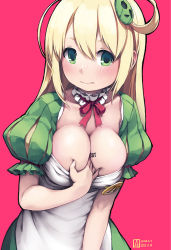 Rule 34 | 1girl, 3:, artist name, bad id, bad pixiv id, blonde hair, blush, breasts, choker, cleavage, collarbone, dated, green eyes, hair ornament, hand on own chest, large breasts, len (a-7), long hair, looking at viewer, mascot, pink background, puff and slash sleeves, puffy short sleeves, puffy sleeves, sabori, saboten store, short sleeves, solo