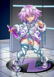 1girl albyee choujigen_game_neptune full_body hood hoodie neptune_(neptunia) neptune_(series) panties purple_eyes purple_hair pussy_juice rope shoes short_hair sneakers solo standing striped_clothes striped_panties striped_thighhighs thighhighs underwear