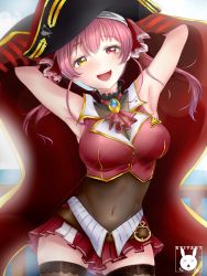 Rule 34 | 1girl, :d, armpits, arms up, artist name, backlighting, black thighhighs, blush, breasts, cleavage, cloud, commentary, covered navel, english commentary, hat, heterochromia, highres, hololive, houshou marine, long hair, looking at viewer, medium breasts, open mouth, pirate hat, pleated skirt, railing, red eyes, red hair, red skirt, see-through, see-through cleavage, seiya (seiyart), skirt, sky, smile, solo, thighhighs, twintails, virtual youtuber, water, yellow eyes