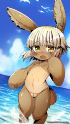 Rule 34 | 10s, 1girl, :3, animal ears, animal hands, beach, bird, blush, blush stickers, censored, claws, cleft of venus, cloud, embarrassed, fangs, female focus, flat chest, furry, furry female, hinghoi, looking at viewer, made in abyss, mosaic censoring, nanachi (made in abyss), nude, ocean, open mouth, outdoors, patreon username, pussy, rabbit, rabbit ears, seagull, short hair, silver hair, sky, solo, standing, surprised, tail, wading, water, wet, whiskers, yellow eyes
