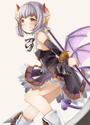 Rule 34 | 1girl, bare shoulders, black dress, black footwear, black sleeves, blurry, blurry foreground, blush, boots, breasts, brown eyes, closed mouth, commentary request, demon tail, demon wings, depth of field, detached sleeves, dress, feet out of frame, from side, grey background, grey hair, hair flaps, highres, holding, holding scythe, idolmaster, idolmaster cinderella girls, idolmaster cinderella girls starlight stage, koshimizu sachiko, long sleeves, pink wings, scythe, simple background, small breasts, smile, solo, tail, wings, yukie (kusaka shi)