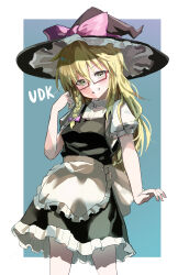 Rule 34 | 1girl, absurdres, apron, black hat, black skirt, black vest, blonde hair, blue background, blush, bow, braid, breasts, character name, commentary request, cookie (touhou), cowboy shot, frilled skirt, frills, glasses, gradient background, grin, hair between eyes, hair bow, hat, hat bow, highres, kirisame marisa, long bangs, long hair, looking at viewer, pink bow, puffy short sleeves, puffy sleeves, red-framed eyewear, semi-rimless eyewear, shirt, short sleeves, single braid, skirt, skirt set, small breasts, smile, solo, tirano tenchou, touhou, under-rim eyewear, uzuki (cookie), vest, waist apron, white apron, white background, white shirt, witch hat, yellow eyes