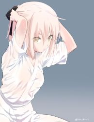 Rule 34 | 1girl, black ribbon, blue background, closed mouth, fate (series), hair between eyes, hands up, highres, ica, koha-ace, looking at viewer, okita souji (fate), okita souji (koha-ace), pants, pink hair, ribbon, shirt, short sleeves, simple background, solo, sweat, twitter username, tying hair, wet, wet clothes, white pants, white shirt, yellow eyes
