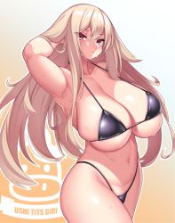 Rule 34 | 1girl, absurdres, bikini, black bikini, blonde hair, breasts, cleavage, closed mouth, cow, cowboy shot, english text, funeralatshacco, gradient background, hand in own hair, highres, huge breasts, long hair, looking at viewer, micro bikini, navel, orange background, original, outline, red eyes, skindentation, solo, standing, sweat, swimsuit, thighs, white outline
