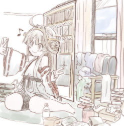 Rule 34 | 1girl, ahoge, book, brown hair, cellphone, chicken99, commentary request, couch, curtains, detached sleeves, double bun, eighth note, hairband, headgear, holding, holding phone, japanese clothes, kantai collection, kongou (kancolle), long hair, looking at phone, messy room, musical note, phone, ribbon-trimmed sleeves, ribbon trim, sitting, soda bottle, solo, tissue box, wariza, water, window