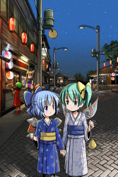 Rule 34 | 4girls, animal ears, asymmetrical hair, blue eyes, blue hair, bow, cat ears, cat tail, chen, child, circled 9, cirno, contemporary, daiyousei, eye contact, festival, food, fox tail, green eyes, green hair, hair bow, hands in opposite sleeves, holding hands, japanese clothes, kimono, lamppost, lantern, looking at another, morichika rinnosuke, multiple girls, multiple tails, night, night sky, obi, outdoors, paper lantern, patchouli knowledge, pavement, popsicle, pouch, sash, side ponytail, sixten, sky, smile, star (sky), summer festival, tail, touhou, watermelon bar, wings, yakumo ran, yukata
