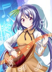 Rule 34 | 1girl, biwa lute, flower, hair flower, hair ornament, instrument, light purple hair, low twintails, lute (instrument), music, musical note, playing instrument, purple eyes, quaver, reimei (r758120518), solo, touhou, tsukumo benben, twintails