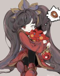 Rule 34 | 1boy, 1girl, artist name, ashley (warioware), big hair, black hair, black pantyhose, blue eyes, blush stickers, closed mouth, demon boy, demon horns, demon tail, dot nose, doughnut, dress, eyebrows, fang, food, grey background, hairband, highres, holding, holding wand, horns, hug, long hair, long sleeves, looking at viewer, nintendo, one eye closed, pantyhose, red (warioware), red dress, red eyes, red footwear, sidelocks, simple background, sitting, smile, tail, thought bubble, twintails, very long hair, wand, warioware