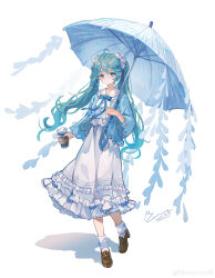 Rule 34 | 1girl, 2023, absurdres, ahoge, alternate costume, aqua hair, blue bow, blue bowtie, blue eyes, blue jacket, blue umbrella, bow, bowtie, brown footwear, chinese commentary, closed mouth, coffee cup, commentary request, cup, dated, disposable cup, dress, frilled shirt collar, frills, full body, hair bow, hair ornament, hairclip, hatsune miku, highres, holding, holding cup, jacket, loafers, long hair, looking at viewer, mie haha, shadow, shoes, signature, socks, solo, standing, tachi-e, twintails, umbrella, vocaloid, weibo logo, weibo watermark, white bow, white dress, white socks, wide sleeves