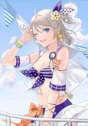 Rule 34 | 1girl, absurdres, arm cuffs, bad id, bad pixiv id, bikini, blue bikini, blue eyes, blue sky, bow, bracelet, breasts, chilli 646, cleavage, cloud, commentary, crop top, day, earrings, flower, food, food-themed earrings, fruit, grey hair, hair ornament, hairclip, hand up, highres, jewelry, looking at viewer, love live!, love live! sunshine!!, medium breasts, medium hair, one eye closed, open clothes, open mouth, open shirt, orange (fruit), orange bow, orange slice, outdoors, railing, salute, shirt, skirt, sky, sleeveless, sleeveless shirt, smile, solo, star (symbol), star earrings, star hair ornament, sweat, swimsuit, upper body, watanabe you, white flower, white shirt, white skirt, wristband