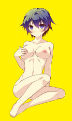 Rule 34 | 1girl, atlus, bad id, bad pixiv id, barefoot, blue eyes, blue hair, blush, breasts, covering privates, covering nipples, full body, highres, large breasts, legs, matching hair/eyes, navel, nipples, nude, persona, persona 4, shirogane naoto, short hair, simple background, sitting, solo, yumegi (mg.)