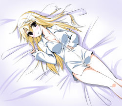 Rule 34 | 10s, 1girl, bad id, bad pixiv id, bed sheet, blonde hair, blush, bottomless, charlotte dunois, hajime (kin&#039;you club), infinite stratos, messy hair, purple eyes, sleeves past wrists, solo