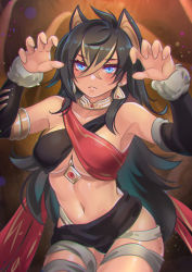 Rule 34 | 1girl, bare shoulders, black hair, blue eyes, breasts, claw pose, commentary, cowboy shot, criss-cross halter, dehya (genshin impact), detached sleeves, earrings, genshin impact, hair between eyes, halterneck, jewelry, kaizeru, large breasts, long hair, long sleeves, looking at viewer, midriff, navel, neck ring, pointy hair, solo, standing, stomach, very long hair