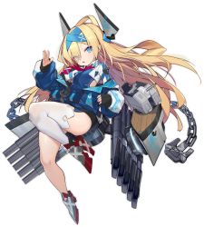 Rule 34 | 1girl, amoeba yuanchong, anchor, asymmetrical legwear, azur lane, blonde hair, blue eyes, bodysuit, chain, flat chest, full body, hair over eyes, hairband, headgear, horns, jacket, knee up, long hair, looking at viewer, mechanical horns, multicolored bodysuit, multicolored clothes, multicolored jacket, necktie, off-shoulder jacket, off shoulder, official art, open mouth, rigging, rudder footwear, smalley (azur lane), solo, thighhighs, torpedo tubes, transparent background, turret, uneven legwear, white thighhighs