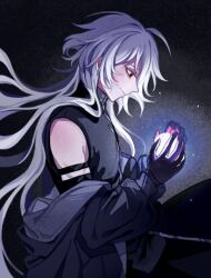 Rule 34 | 1boy, a date with death, bishounen, casper (a date with death), coat, from side, gloves, jacket, long hair, male focus, red eyes, sanfangzhu58831, sleeveless, smile, solo, white hair