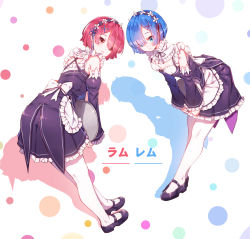 Rule 34 | 10s, 2girls, apron, blue eyes, blue hair, blush, bow, breasts, character name, circle, cleavage, detached sleeves, dress, fangxiang cuoluan, frilled sleeves, frills, hair ornament, hair over one eye, highres, holding, holding tray, leaning forward, looking at viewer, maid, maid headdress, mary janes, multiple girls, neck ribbon, parted lips, pink eyes, pink hair, ram (re:zero), re:zero kara hajimeru isekai seikatsu, rem (re:zero), ribbon, ribbon-trimmed clothes, ribbon trim, shoes, short hair, siblings, simple background, sisters, small breasts, text focus, translated, tray, twins, underbust, white background, white legwear, x hair ornament