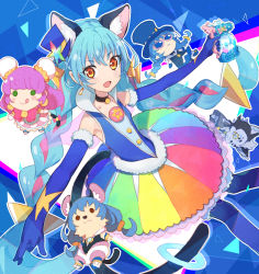 Rule 34 | 1boy, 4girls, :d, :q, abstract background, animal ears, bakenyan (precure), black neckwear, blue cat (precure), blue gloves, blue hair, blue headwear, blue legwear, braid, cat ears, cat tail, character doll, choker, cowboy shot, cure cosmo, earrings, elbow gloves, extra ears, furry, gloves, green eyes, hat, holding, jewelry, long hair, looking at viewer, magical girl, mao (precure), mini hat, mini top hat, multicolored clothes, multicolored hair, multicolored skirt, multiple girls, multiple persona, open mouth, orange eyes, outstretched arms, pantyhose, pink hair, precure, purple hair, shirt, skirt, sleeveless, sleeveless shirt, smile, spread arms, star twinkle precure, tail, tongue, tongue out, top hat, twin braids, two-tone hair, urabe (mstchan), yuni (precure)