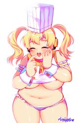 Rule 34 | 1girl, ^ ^, absurdres, blonde hair, blush, breasts, chef hat, closed eyes, closed eyes, hat, headphones, highres, large breasts, nitroplus, open mouth, plump, smile, solo, super pochaco, thick thighs, thighs, twintails, underboob