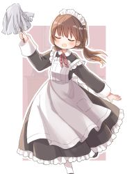Rule 34 | 1girl, apron, black dress, blush, border, brown hair, closed eyes, dress, duster, frilled apron, frilled dress, frills, holding, holding duster, kiri (hakobato), leg up, long hair, long sleeves, maid, maid apron, maid headdress, neck ribbon, open hand, open mouth, original, outside border, pink background, pink ribbon, ribbon, side ponytail, sleeves rolled up, solo, standing, white border