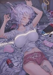 Rule 34 | 1girl, absurdres, arms up, bed, between legs, blush, breasts, can, cellphone, closed eyes, commentary, cowboy shot, demon tail, dolphin shorts, drinking straw, english commentary, hair ornament, hairclip, head wings, heart, highres, horns, hxxg, large breasts, long hair, lying, midriff, multiple horns, navel, nintendo switch, on back, on bed, open mouth, original, phone, pillow, red shorts, shirt, short shorts, short sleeves, shorts, silver hair, sleeping, smartphone, solo, stuffed animal, stuffed rabbit, stuffed toy, tail, white shirt, wings