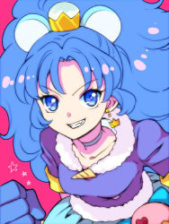 Rule 34 | 10s, 1girl, animal ears, blue eyes, blue gloves, blue hair, blue neckwear, choker, crown, cure gelato, earrings, extra ears, fang, fur trim, gloves, grin, jewelry, kagami chihiro, kirakira precure a la mode, lion ears, long hair, looking at viewer, magical girl, mini crown, open mouth, pink background, precure, simple background, smile, solo, tail, tategami aoi