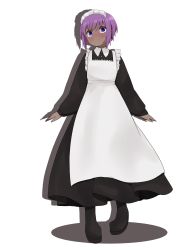 Rule 34 | 1girl, alternate costume, apron, black dress, black footwear, blush, boots, closed mouth, dark-skinned female, dark skin, dress, drop shadow, enmaided, fate/prototype, fate/prototype: fragments of blue and silver, fate (series), frilled apron, frills, full body, hair between eyes, hassan of serenity (fate), head tilt, highres, i.u.y, long sleeves, looking at viewer, maid, maid apron, maid headdress, puffy long sleeves, puffy sleeves, purple eyes, purple hair, solo, standing, sweat, white apron, white background