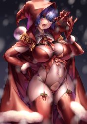 Rule 34 | 1girl, absurdres, bikini, blue eyes, blue hair, bodystocking, box, breasts, cape, elbow gloves, epaulettes, fur-trimmed cape, fur trim, gift, gift box, gloves, highres, holding, holding gift, large breasts, naidong (artist), navel piercing, open mouth, original, piercing, pussy cutout, red bikini, red cape, red gloves, red ribbon, red thighhighs, ribbon, see-through, see-through silhouette, short hair, skindentation, solo, swimsuit, thighhighs, thighs, tongue