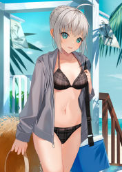 Rule 34 | 1girl, ahoge, aqua eyes, bad id, bad pixiv id, beach, blue sky, blush, braid, breasts, cleavage, collarbone, day, fate (series), french braid, gray (fate), grey hair, grey jacket, hair bun, highres, jacket, long hair, long sleeves, looking at viewer, lord el-melloi ii case files, medium breasts, motto (night wear), navel, open clothes, open jacket, open mouth, single hair bun, sky, smile, solo, thighs