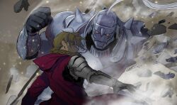 Rule 34 | 2boys, alphonse elric, blonde hair, braid, braided ponytail, clenched hand, commentary request, edward elric, fullmetal alchemist, highres, hood, hood down, imam (oozlo), korean commentary, long hair, male focus, multiple boys, ponytail, prosthesis, prosthetic arm, rubble, upper body, yellow eyes