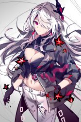 Rule 34 | 1girl, absurdres, acheron (honkai: star rail), bad id, bad pixiv id, black pants, breasts, cleavage, cleavage cutout, clothing cutout, cowboy shot, highres, honkai: star rail, honkai (series), jewelry, long hair, looking at viewer, midriff, navel, necklace, official alternate color, pants, purple eyes, single bare shoulder, solo, sparks summer, standing, stomach, very long hair, white hair