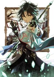 Rule 34 | 1boy, bead necklace, beads, chinese clothes, forehead jewel, genshin impact, gloves, green hair, half-closed eyes, highres, holding, holding polearm, holding weapon, jewelry, looking at viewer, male focus, necklace, parted bangs, polearm, rosa (hoshino), sky, weapon, xiao (genshin impact), yellow eyes