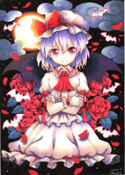 Rule 34 | 1girl, arm ribbon, ascot, bat (animal), bat wings, cloud, cowboy shot, crossed arms, dated, dress, flower, full moon, hat, hat ribbon, light purple hair, looking at viewer, marker (medium), mob cap, moon, mosho, night, pink eyes, red flower, red rose, remilia scarlet, ribbon, rose, signature, smile, solo, touhou, traditional media, white dress, wings, wrist cuffs